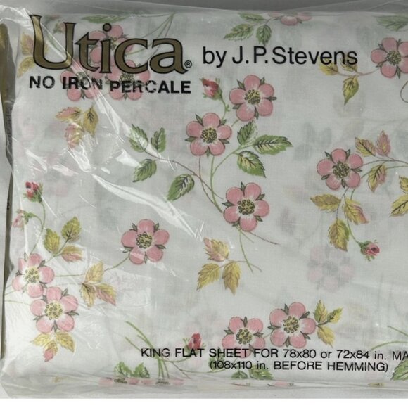 NEW Vintage Flower Bud King Flat Sheet Floral Utica Stevens No Iron Percale - Picture 1 of 4